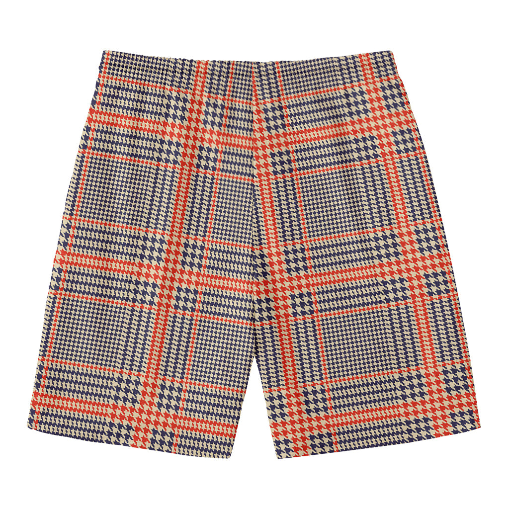 Blue Beige And Orange Glen Plaid Print Men's Swim Trunks