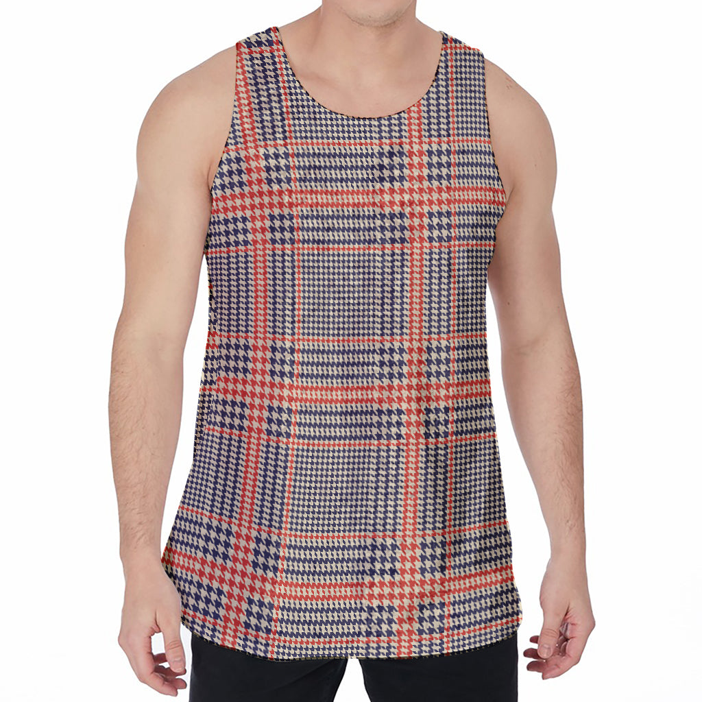 Blue Beige And Orange Glen Plaid Print Men's Velvet Tank Top