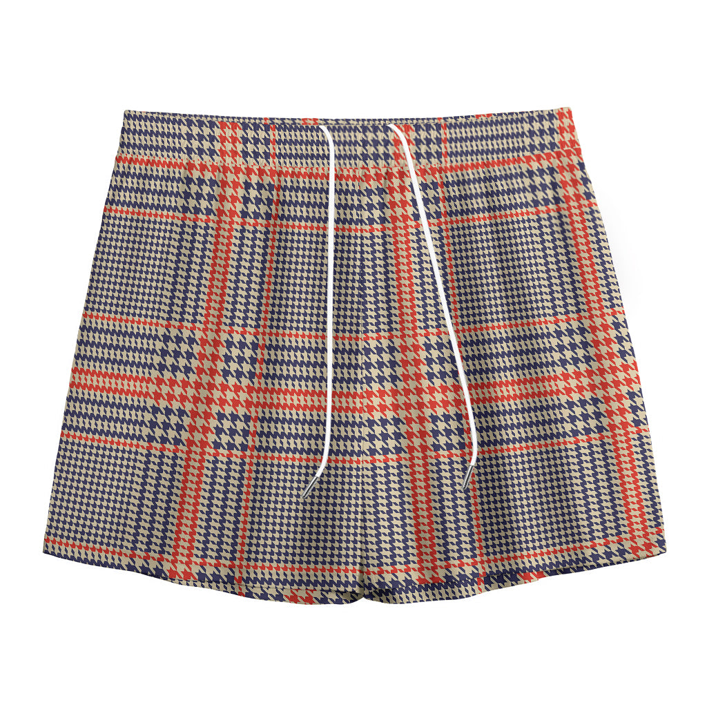 Blue Beige And Orange Glen Plaid Print Mesh Shorts