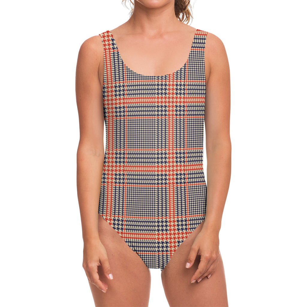 Blue Beige And Orange Glen Plaid Print One Piece Swimsuit