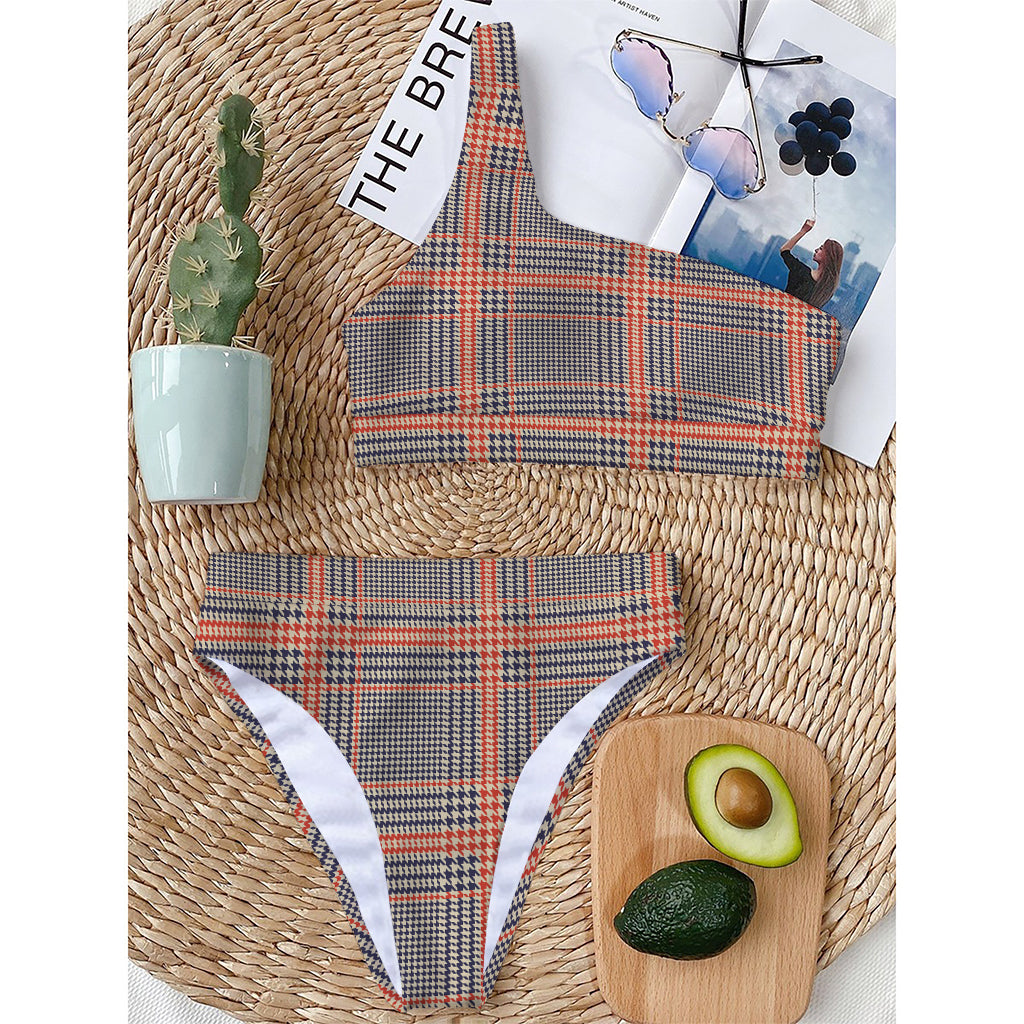 Blue Beige And Orange Glen Plaid Print One Shoulder Bikini Top