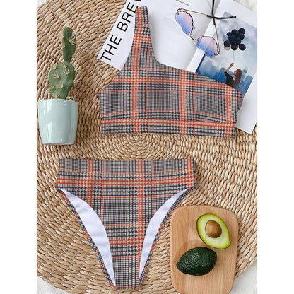 Blue Beige And Orange Glen Plaid Print One Shoulder Bikini Top