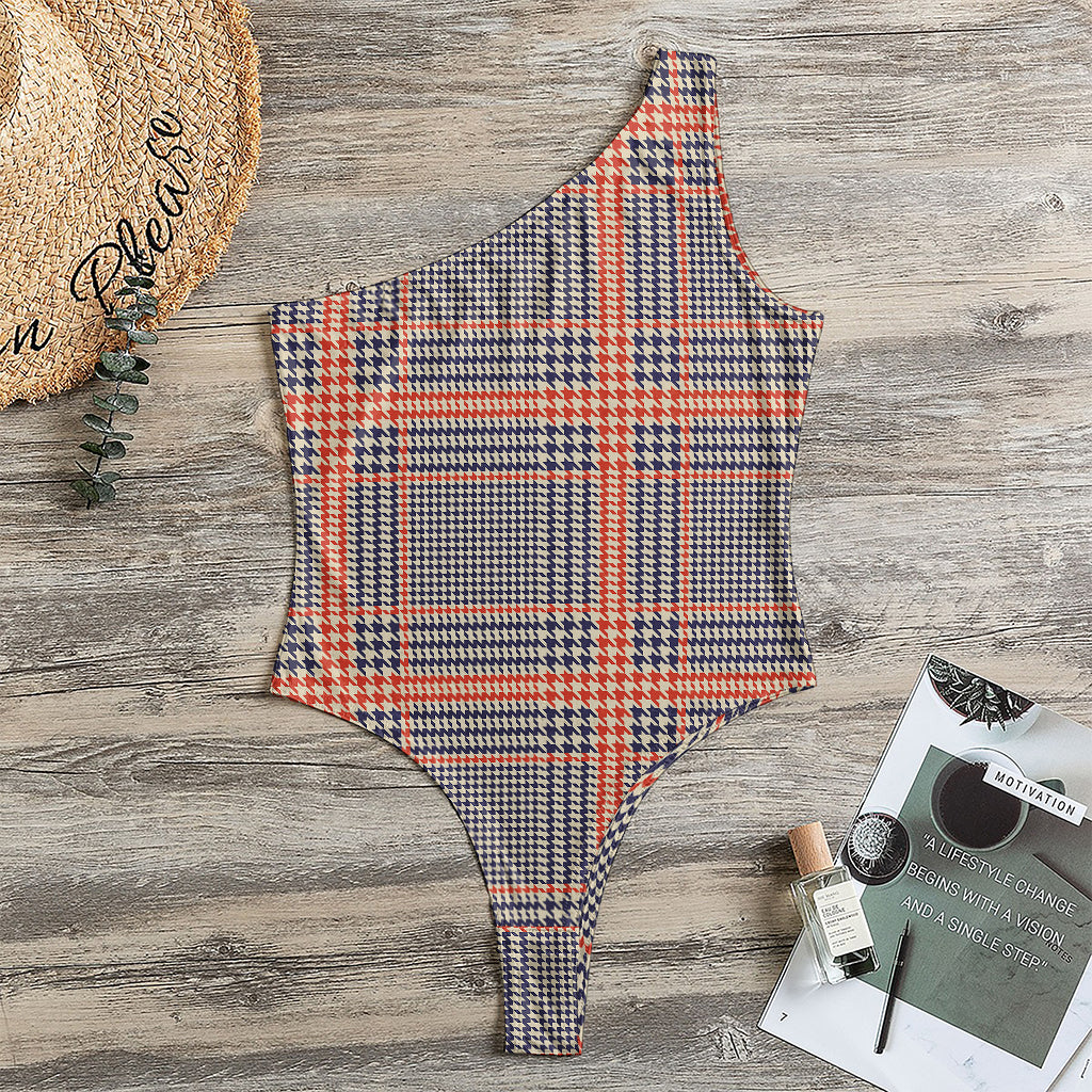 Blue Beige And Orange Glen Plaid Print One Shoulder Bodysuit