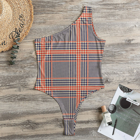 Blue Beige And Orange Glen Plaid Print One Shoulder Bodysuit