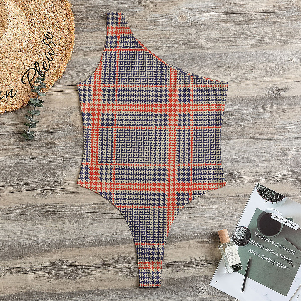 Blue Beige And Orange Glen Plaid Print One Shoulder Bodysuit