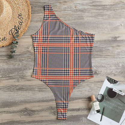 Blue Beige And Orange Glen Plaid Print One Shoulder Bodysuit