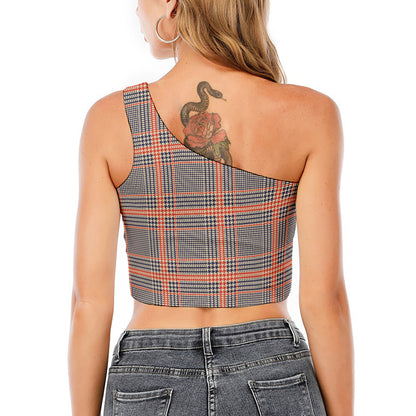 Blue Beige And Orange Glen Plaid Print One Shoulder Crop Top