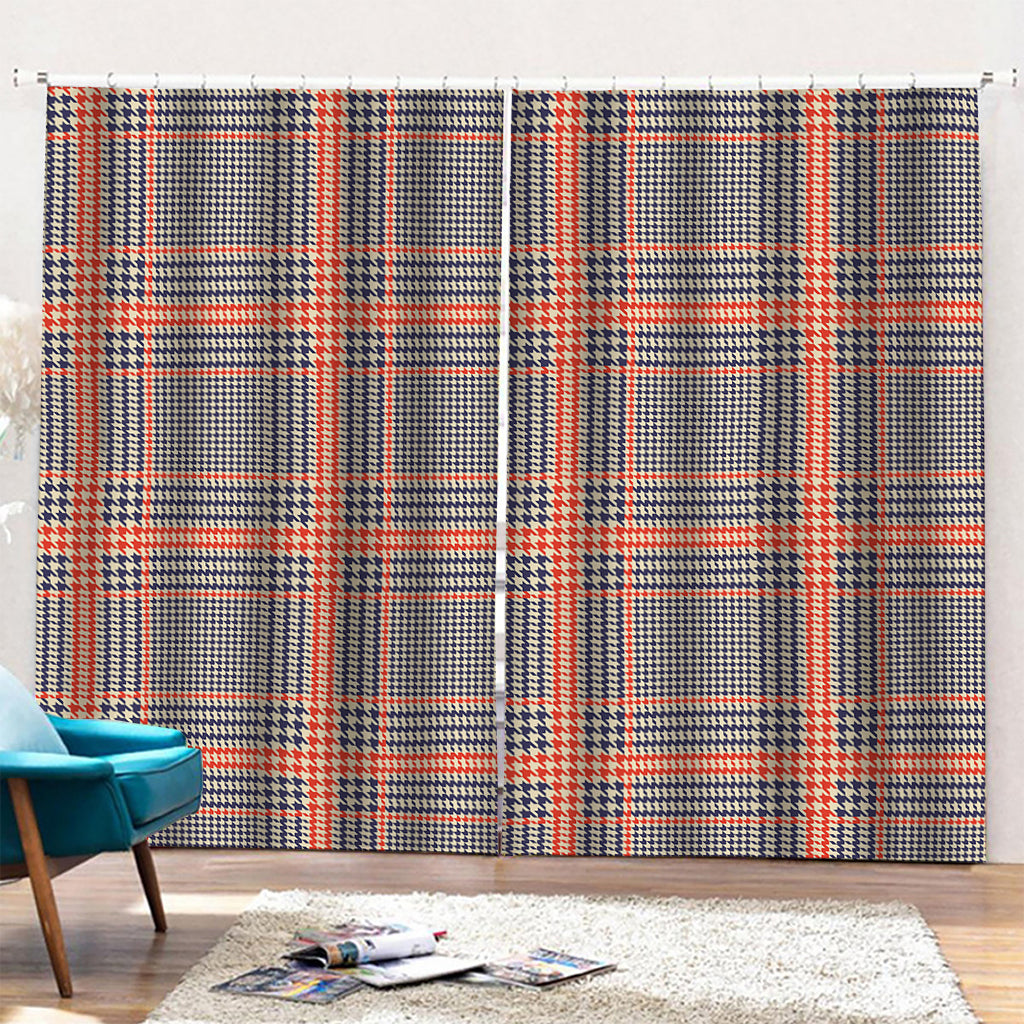 Blue Beige And Orange Glen Plaid Print Pencil Pleat Curtains