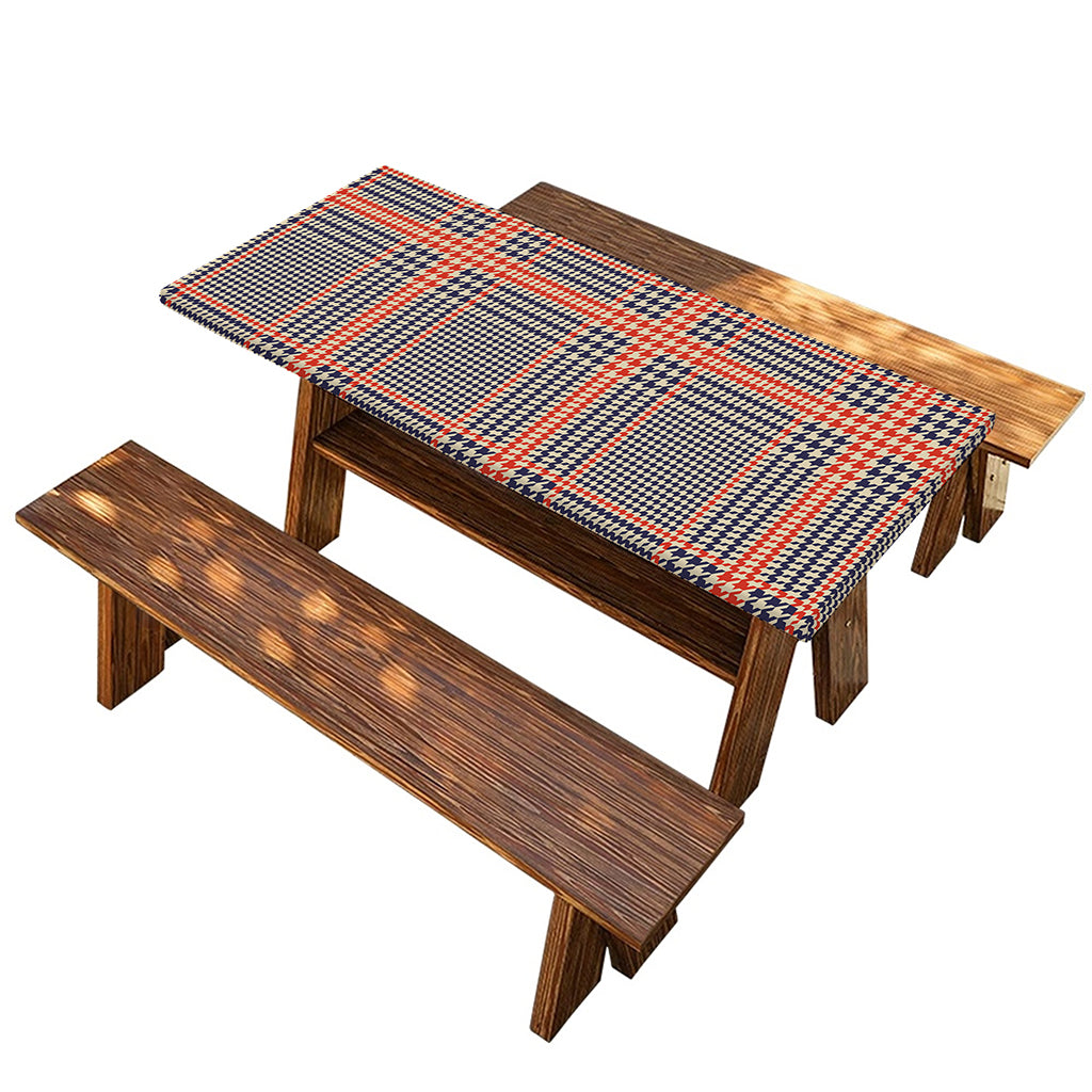 Blue Beige And Orange Glen Plaid Print Picnic Table Cover
