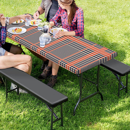 Blue Beige And Orange Glen Plaid Print Picnic Table Cover