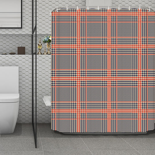 Blue Beige And Orange Glen Plaid Print Polyester Shower Curtain