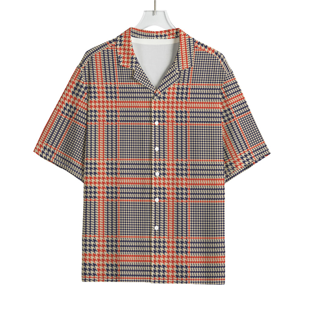 Blue Beige And Orange Glen Plaid Print Rayon Hawaiian Shirt