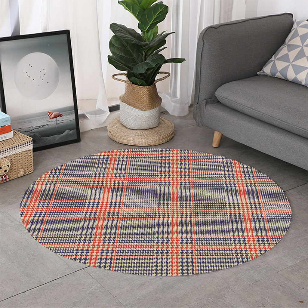 Blue Beige And Orange Glen Plaid Print Round Rug