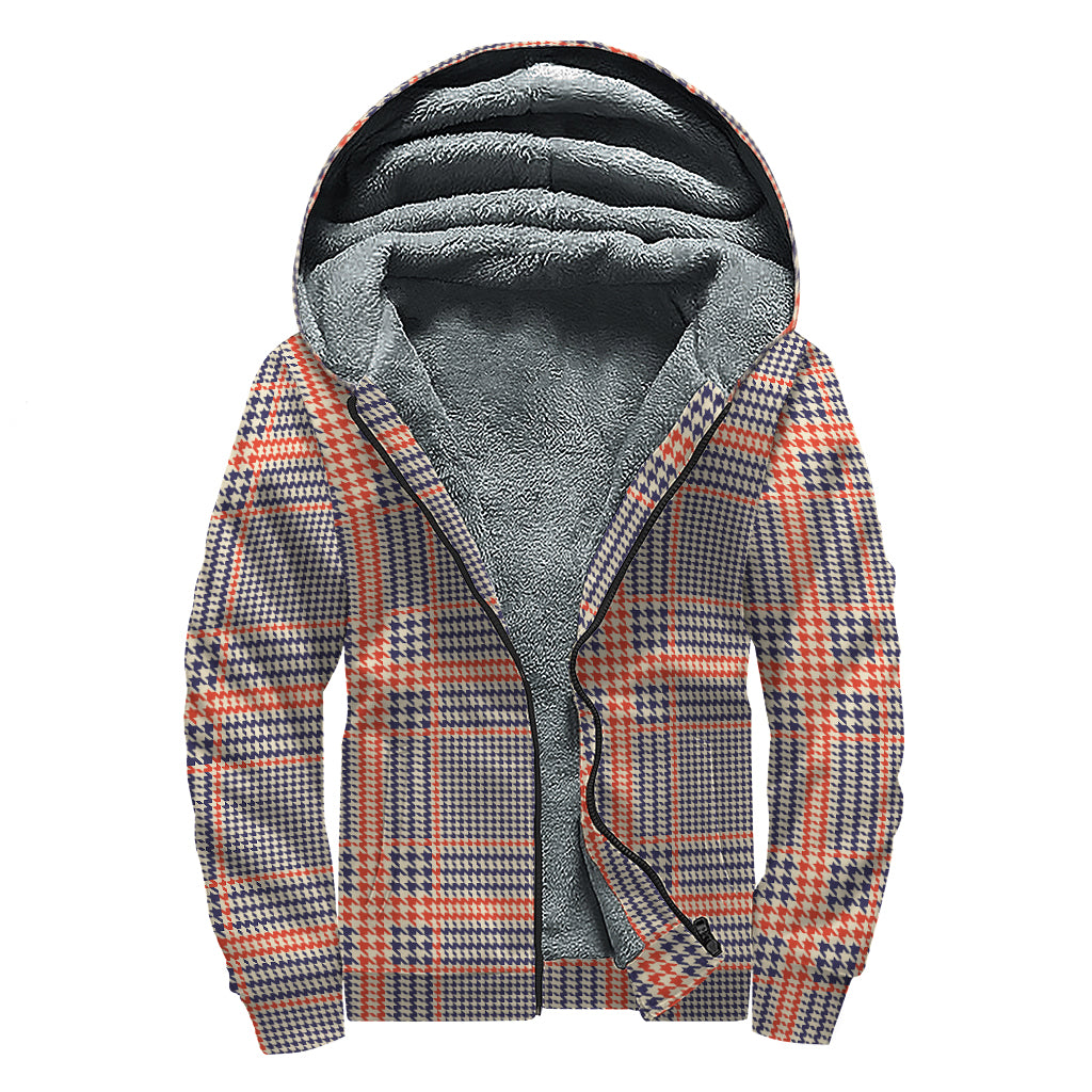 Blue Beige And Orange Glen Plaid Print Sherpa Lined Zip Up Hoodie