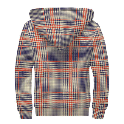 Blue Beige And Orange Glen Plaid Print Sherpa Lined Zip Up Hoodie