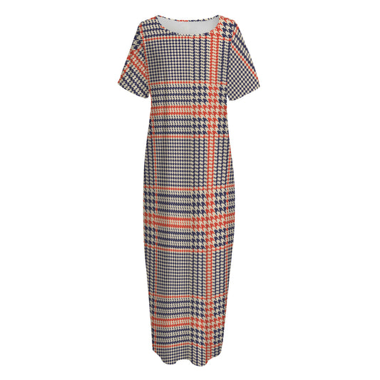 Blue Beige And Orange Glen Plaid Print Short Sleeve Long Nightdress