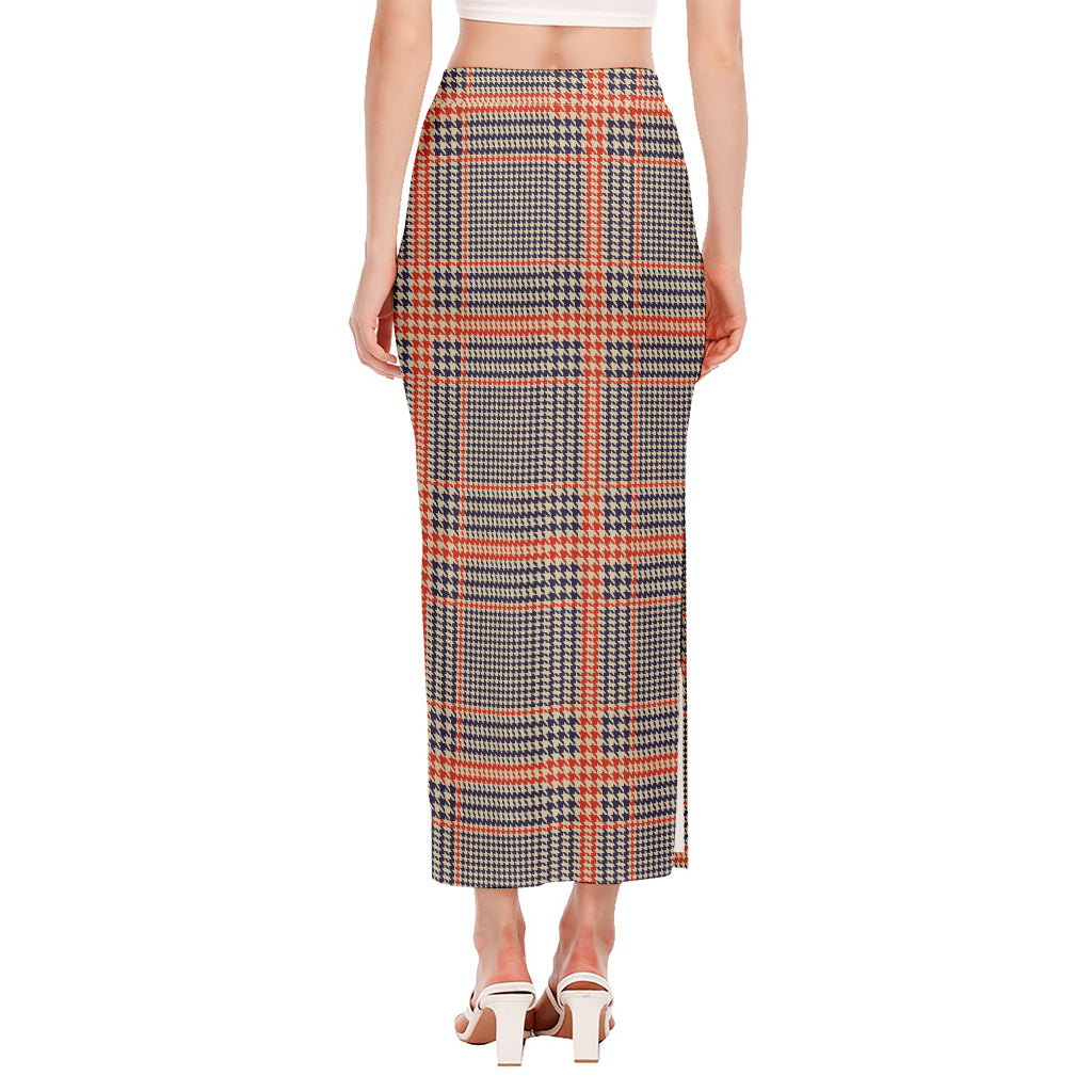 Blue Beige And Orange Glen Plaid Print Side Slit Maxi Skirt