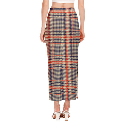 Blue Beige And Orange Glen Plaid Print Side Slit Maxi Skirt