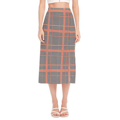 Blue Beige And Orange Glen Plaid Print Side Slit Midi Skirt