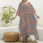 Blue Beige And Orange Glen Plaid Print Silk V-Neck Kaftan Dress