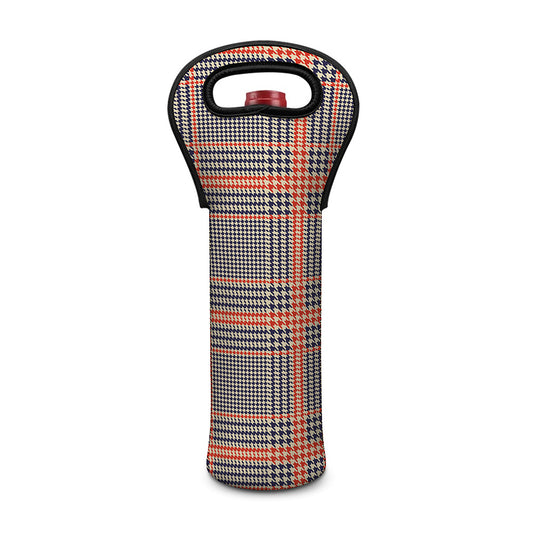 Blue Beige And Orange Glen Plaid Print Single Neoprene Wine Tote