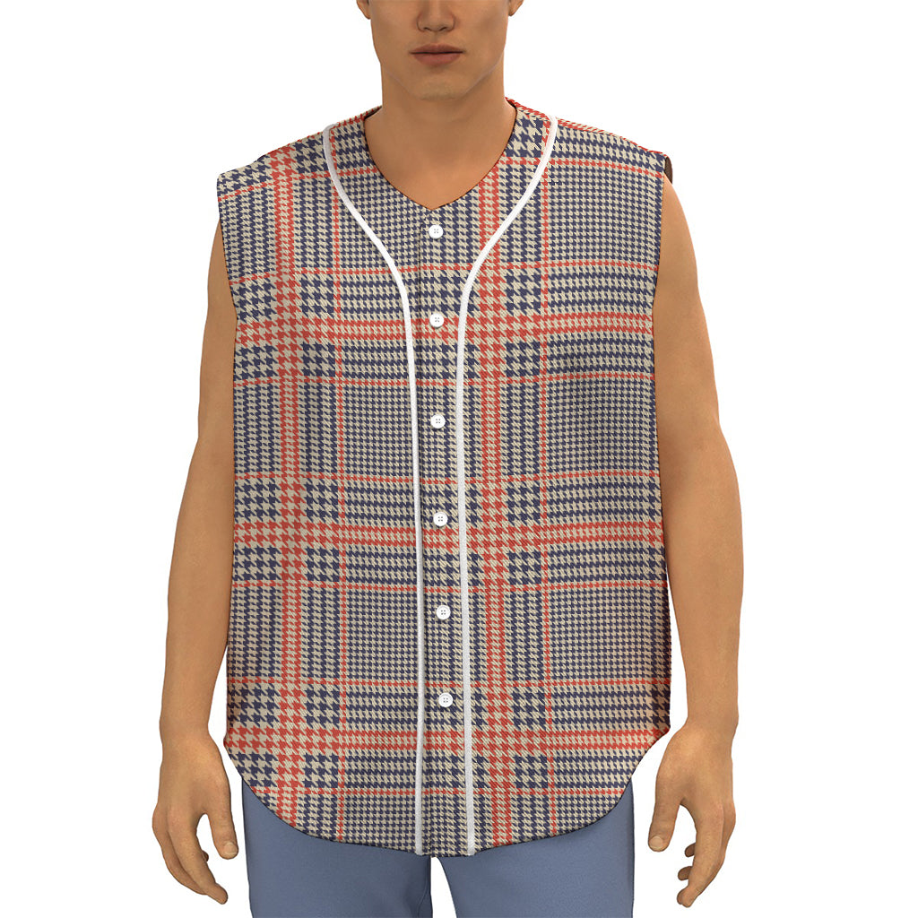 Blue Beige And Orange Glen Plaid Print Sleeveless Baseball Jersey