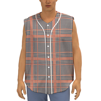 Blue Beige And Orange Glen Plaid Print Sleeveless Baseball Jersey