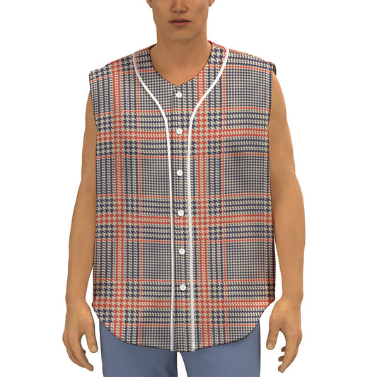 Blue Beige And Orange Glen Plaid Print Sleeveless Baseball Jersey