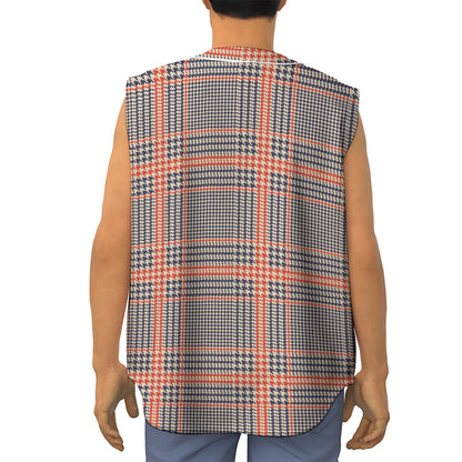 Blue Beige And Orange Glen Plaid Print Sleeveless Baseball Jersey