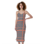 Blue Beige And Orange Glen Plaid Print Slim Fit Midi Cami Dress