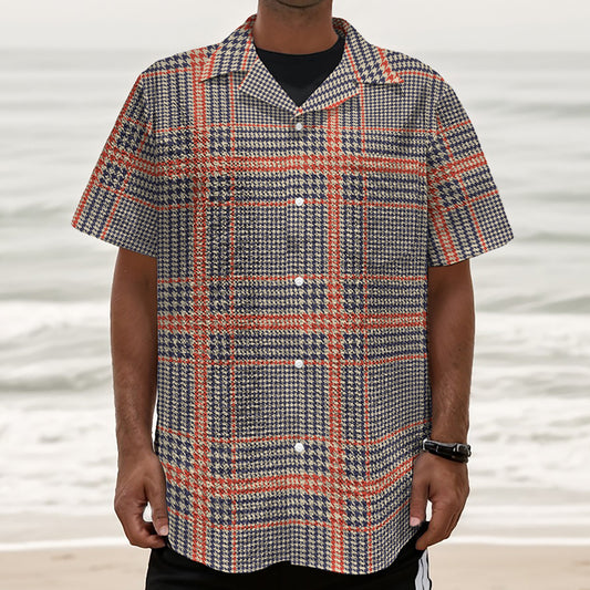Blue Beige And Orange Glen Plaid Print Textured Short Sleeve Shirt