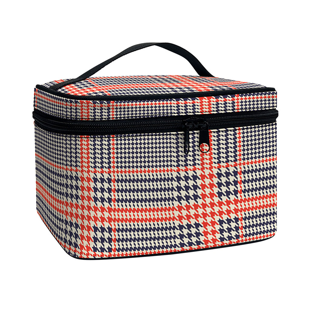 Blue Beige And Orange Glen Plaid Print Travel Makeup Bag
