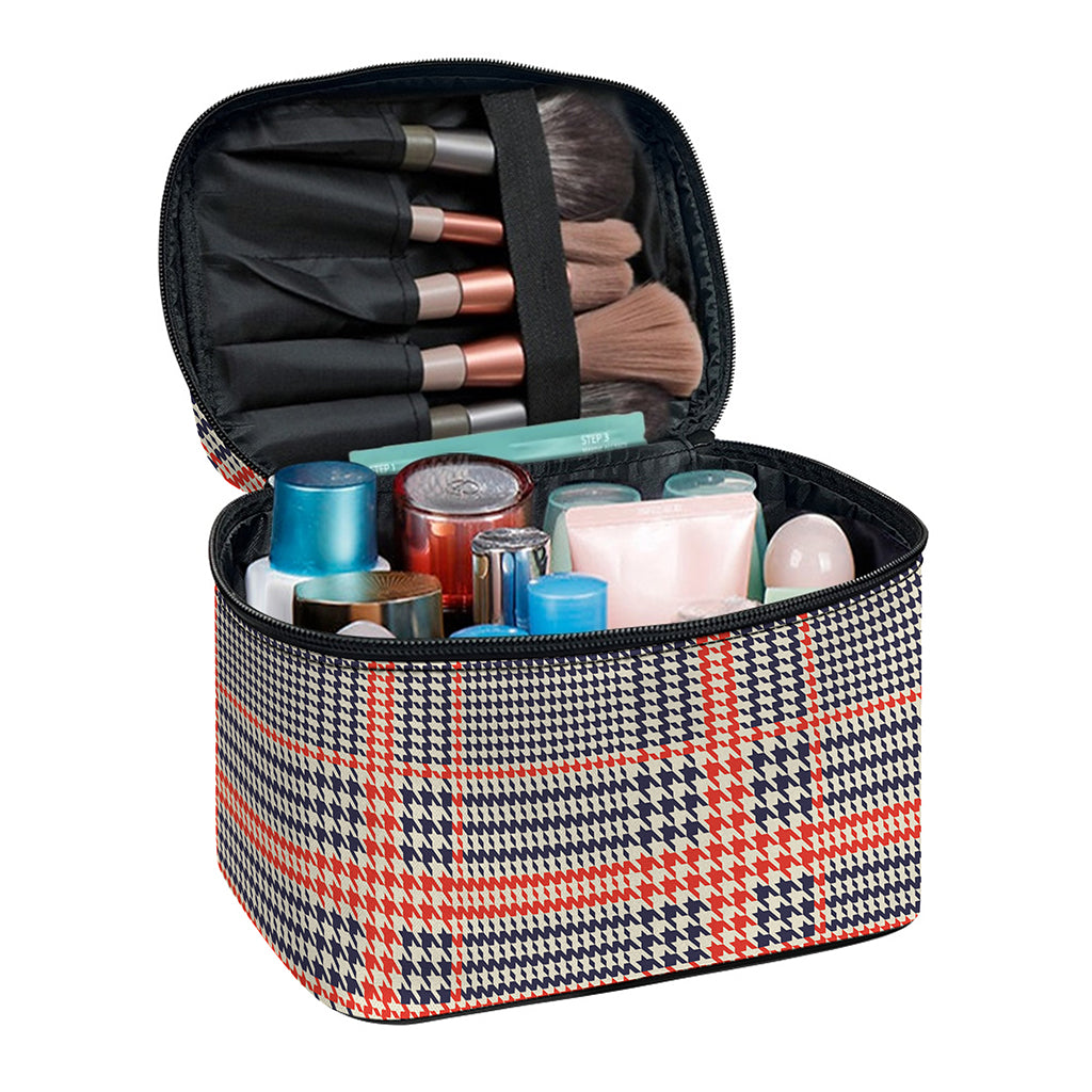 Blue Beige And Orange Glen Plaid Print Travel Makeup Bag