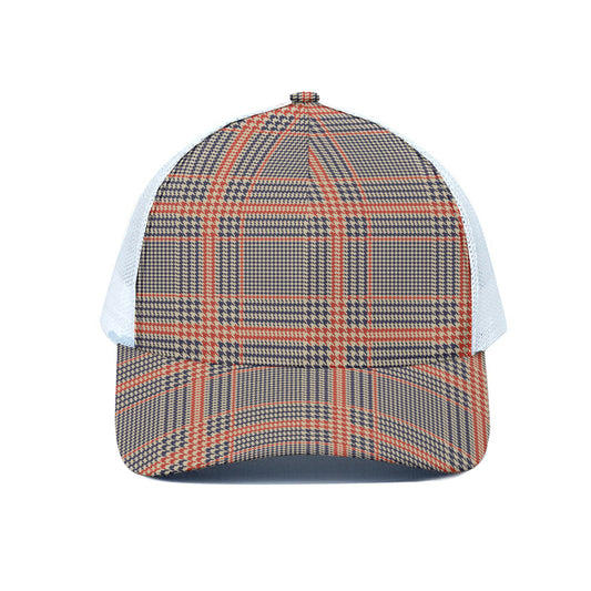 Blue Beige And Orange Glen Plaid Print White Mesh Trucker Cap