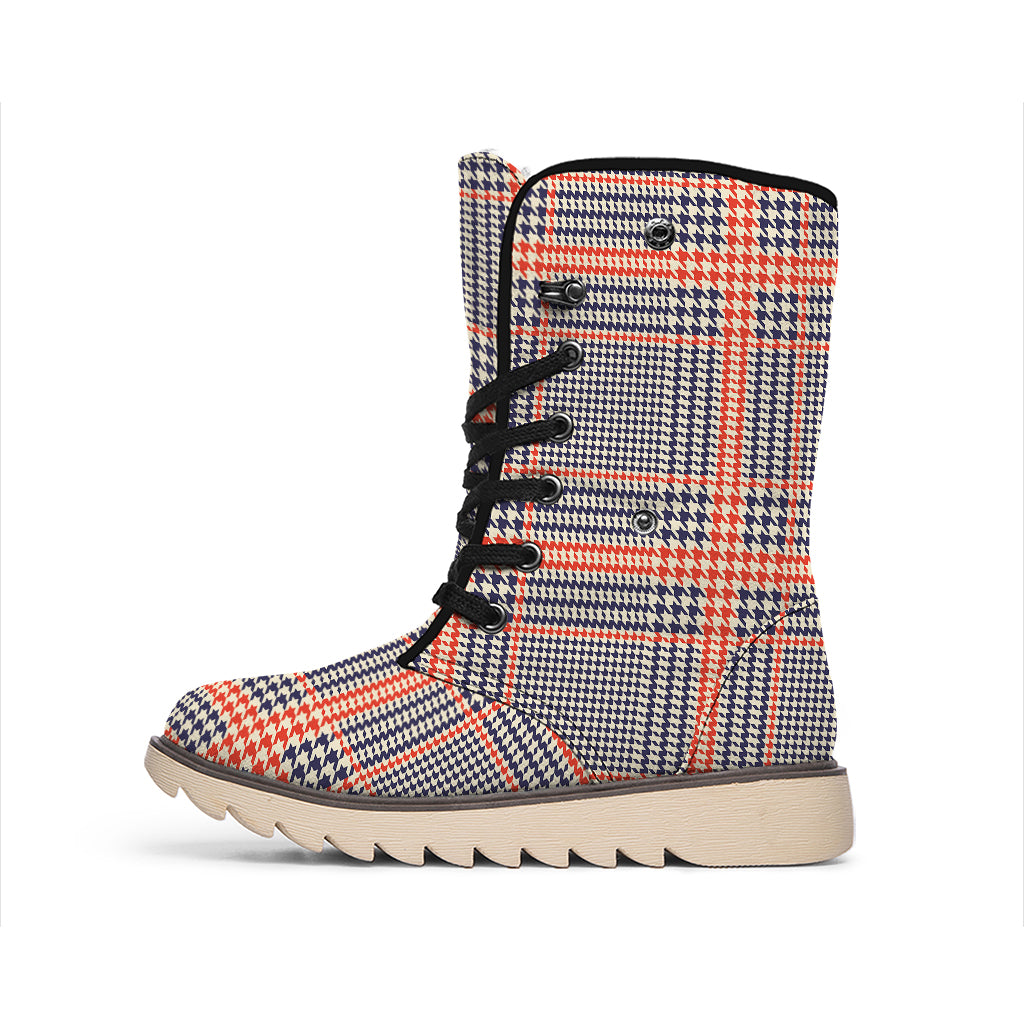 Blue Beige And Orange Glen Plaid Print Winter Boots