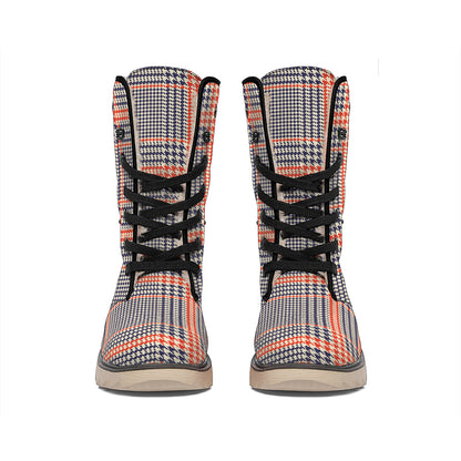 Blue Beige And Orange Glen Plaid Print Winter Boots