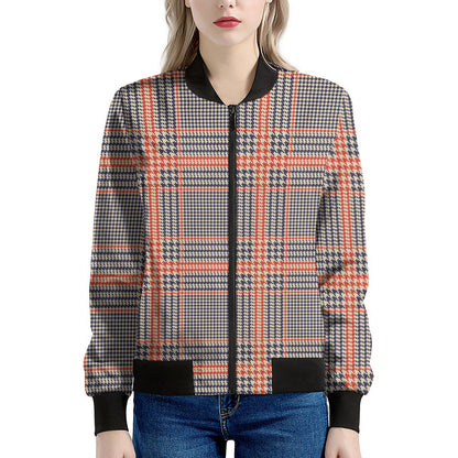 Blue Beige And Orange Glen Plaid Print Women's Bomber Jacket