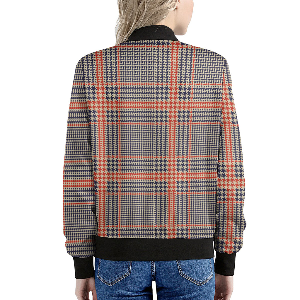 Blue Beige And Orange Glen Plaid Print Women's Bomber Jacket