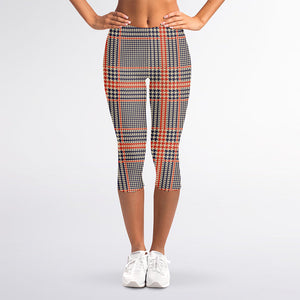 Blue Beige And Orange Glen Plaid Print Women's Capri Leggings