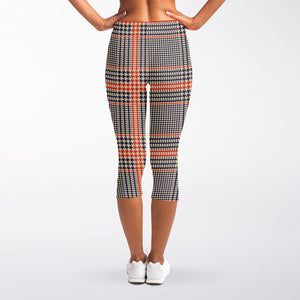 Blue Beige And Orange Glen Plaid Print Women's Capri Leggings