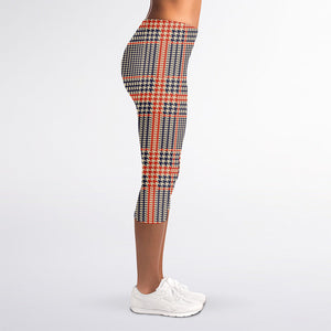 Blue Beige And Orange Glen Plaid Print Women's Capri Leggings