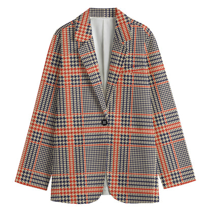 Blue Beige And Orange Glen Plaid Print Women's Cotton Blazer
