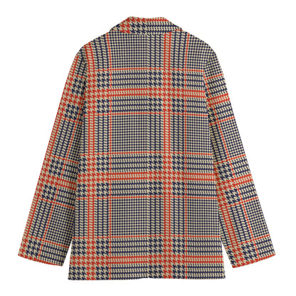 Blue Beige And Orange Glen Plaid Print Women's Cotton Blazer