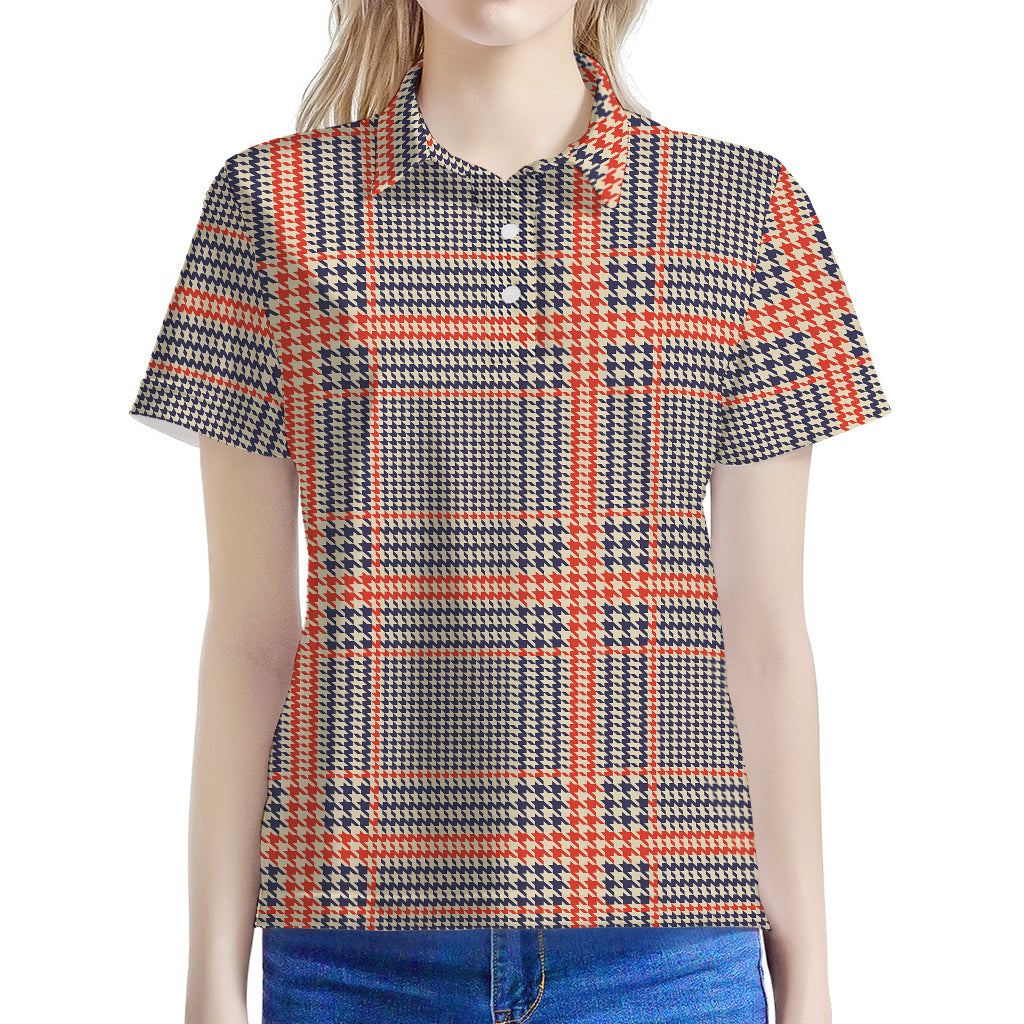 Blue Beige And Orange Glen Plaid Print Women's Polo Shirt