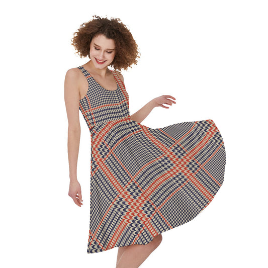 Blue Beige And Orange Glen Plaid Print Women's Sleeveless Dress