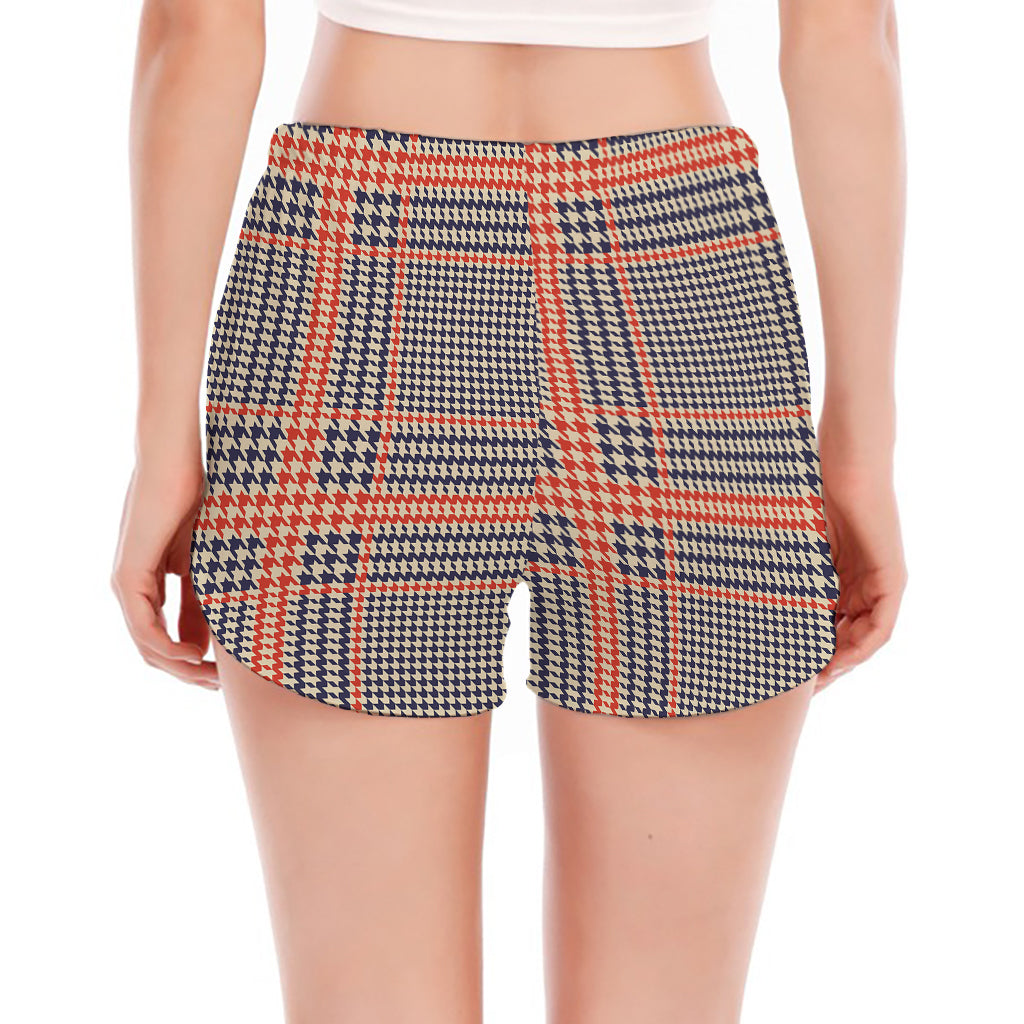 Blue Beige And Orange Glen Plaid Print Women's Split Running Shorts