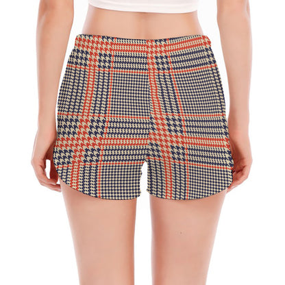 Blue Beige And Orange Glen Plaid Print Women's Split Running Shorts