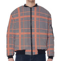 Blue Beige And Orange Glen Plaid Print Zip Sleeve Bomber Jacket