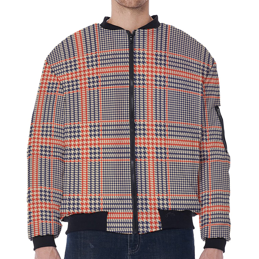 Blue Beige And Orange Glen Plaid Print Zip Sleeve Bomber Jacket