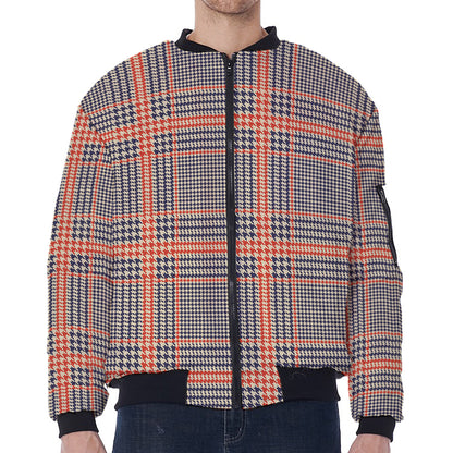 Blue Beige And Orange Glen Plaid Print Zip Sleeve Bomber Jacket